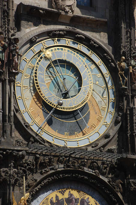 An ornate clock with multiple rings and dials.