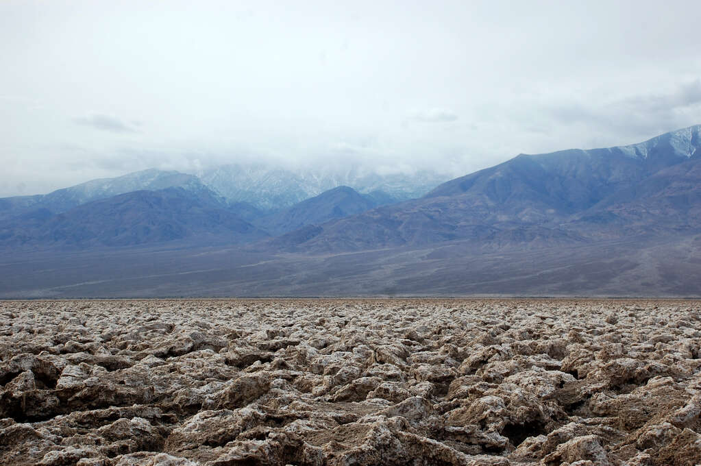 Densely packed bumpy rocks spreading off into the distance in a flat field that leads into mountains.