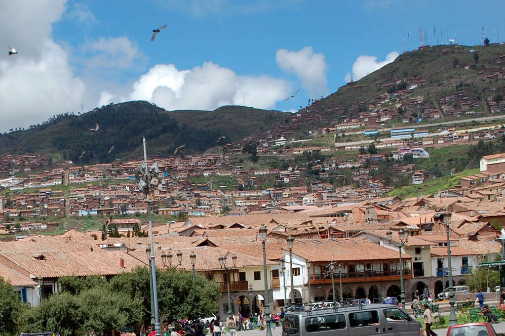 A dense and bright city on a grassy hill.