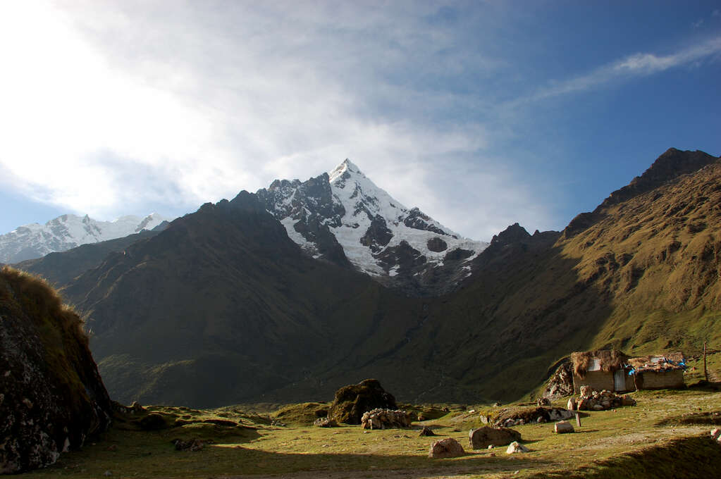 A snow-covered mountain in the distance behind a green field.