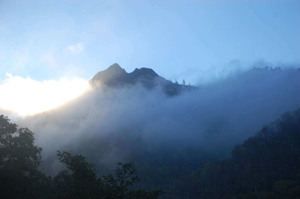 A mountain rising out of dense fog.