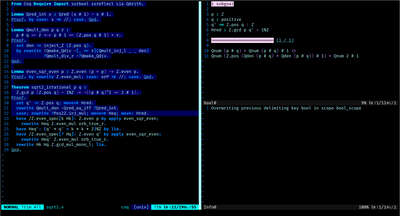 A screenshot of a Coq file open in Vim. There are three panels. The leftmost shows the Coq source code with highlighting indicating how much of the file has been evaluated. On the right are two windows stacked vertically showing the current proof goal on top and informational messages on the bottom.